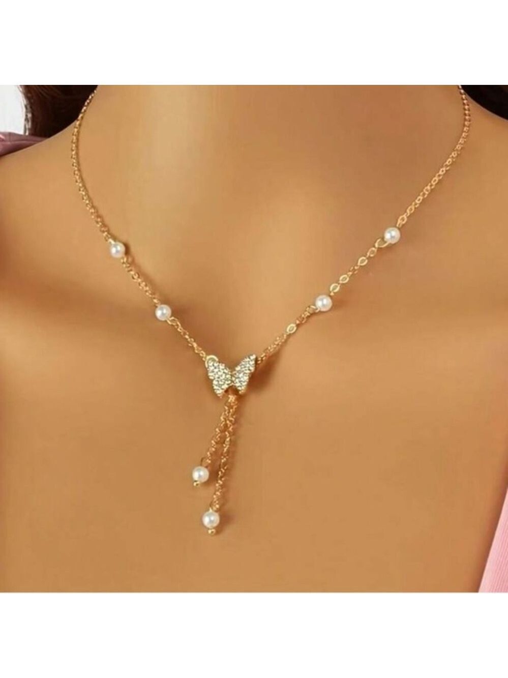Gold Butterfly Faux Pearl Clavicle Chain Necklace